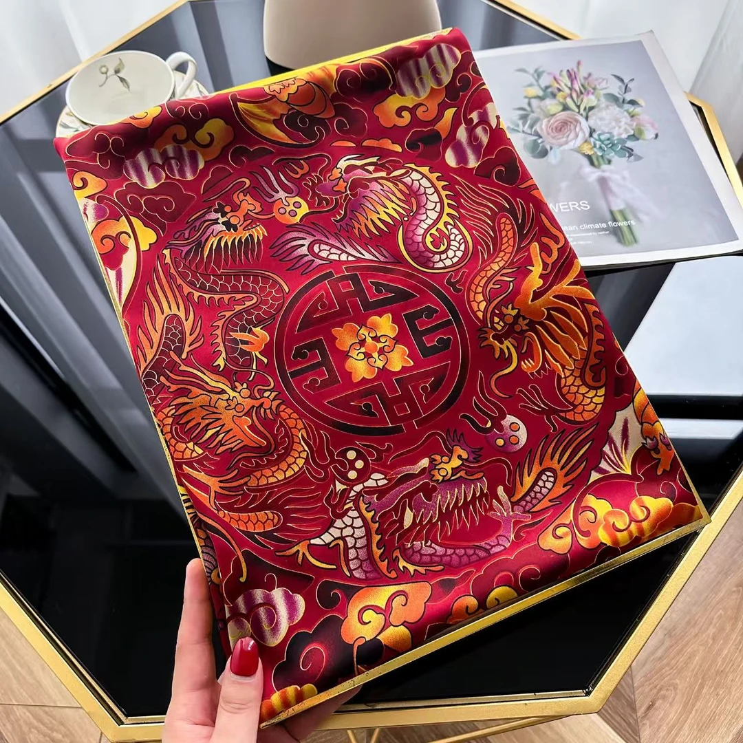 龙凤呈祥180*80云锦缎长巾大方金色丝巾长款花纹中国风民族风红色