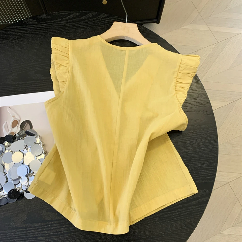韩系甜美风2025新款夏季洋气v领单排扣设计感小飞袖衬衫女装上衣