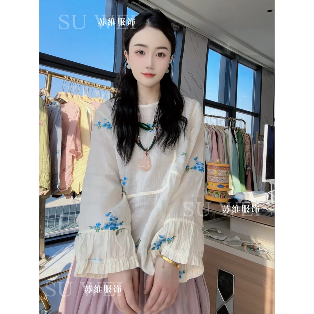 9300圆领苎麻春夏薄款衬衫新中式绣花印花时尚中国风