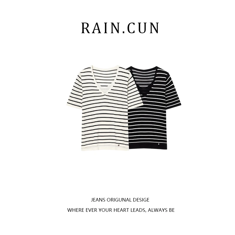 RAIN.CUN时尚百搭宽松显瘦T恤黑白撞色假两件短袖条纹衫ZE11743