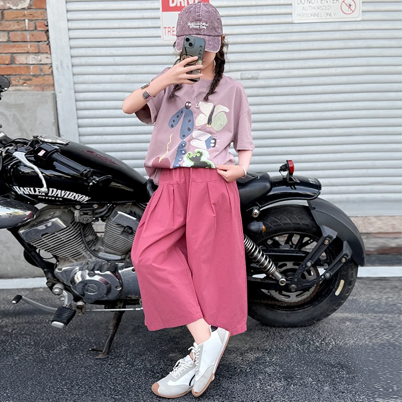 女童夏季短袖套装2025新款洋气女大童夏装休闲T恤儿童薄款阔腿裤