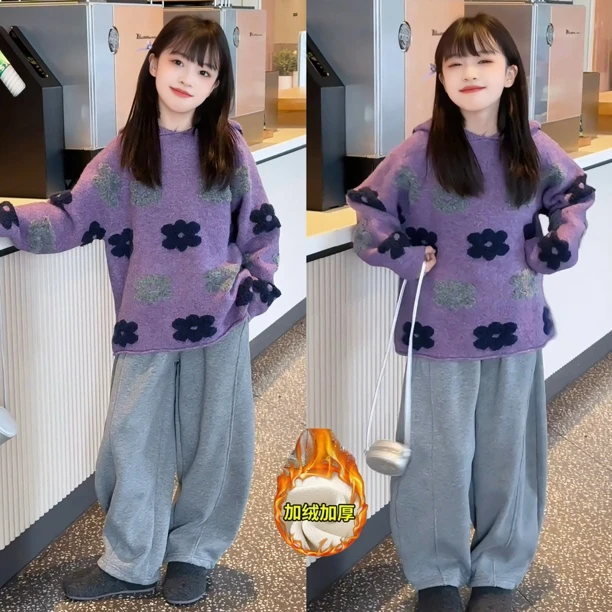 女大童新款韩系休闲毛衣初中生女孩洋气加绒时尚休闲加绒卫裤套装