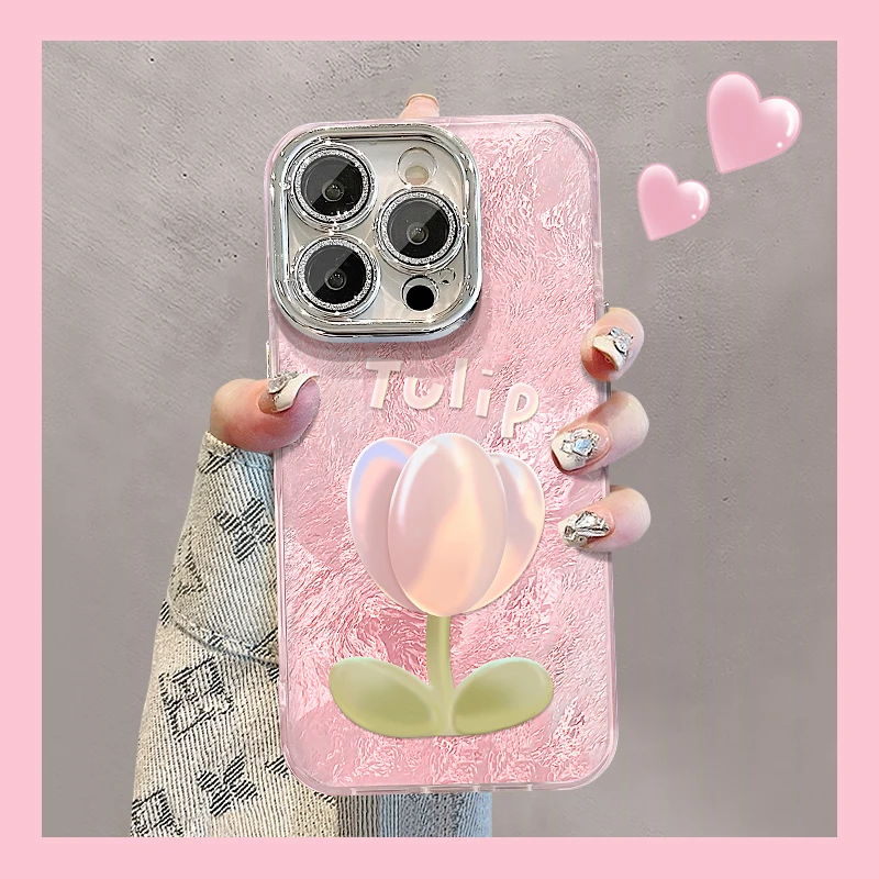 香槟郁金香适用苹果15华为vivo/oppo小米iPhone精孔冰川纹手机壳