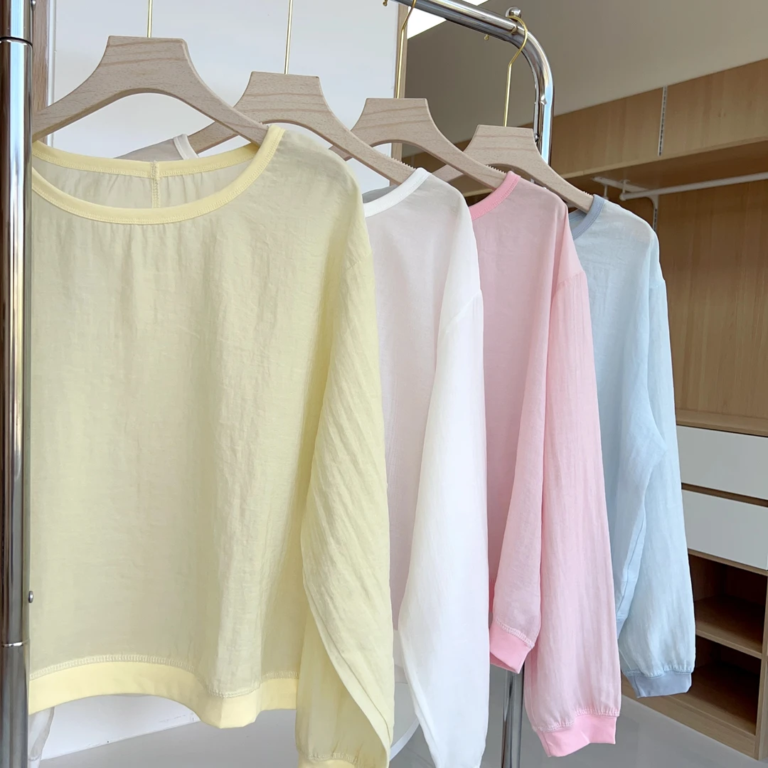 “娃娃衫”微透圆领显瘦防晒长袖上衣夏季新款时尚气质长袖T恤23155