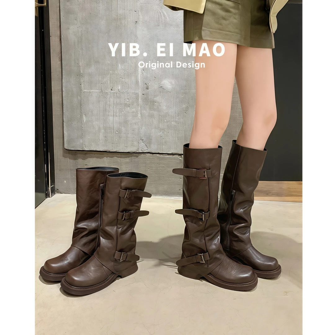 棕色百搭骑士靴中筒西部靴褶皱堆堆裤管靴女厚底中筒高筒长靴子女