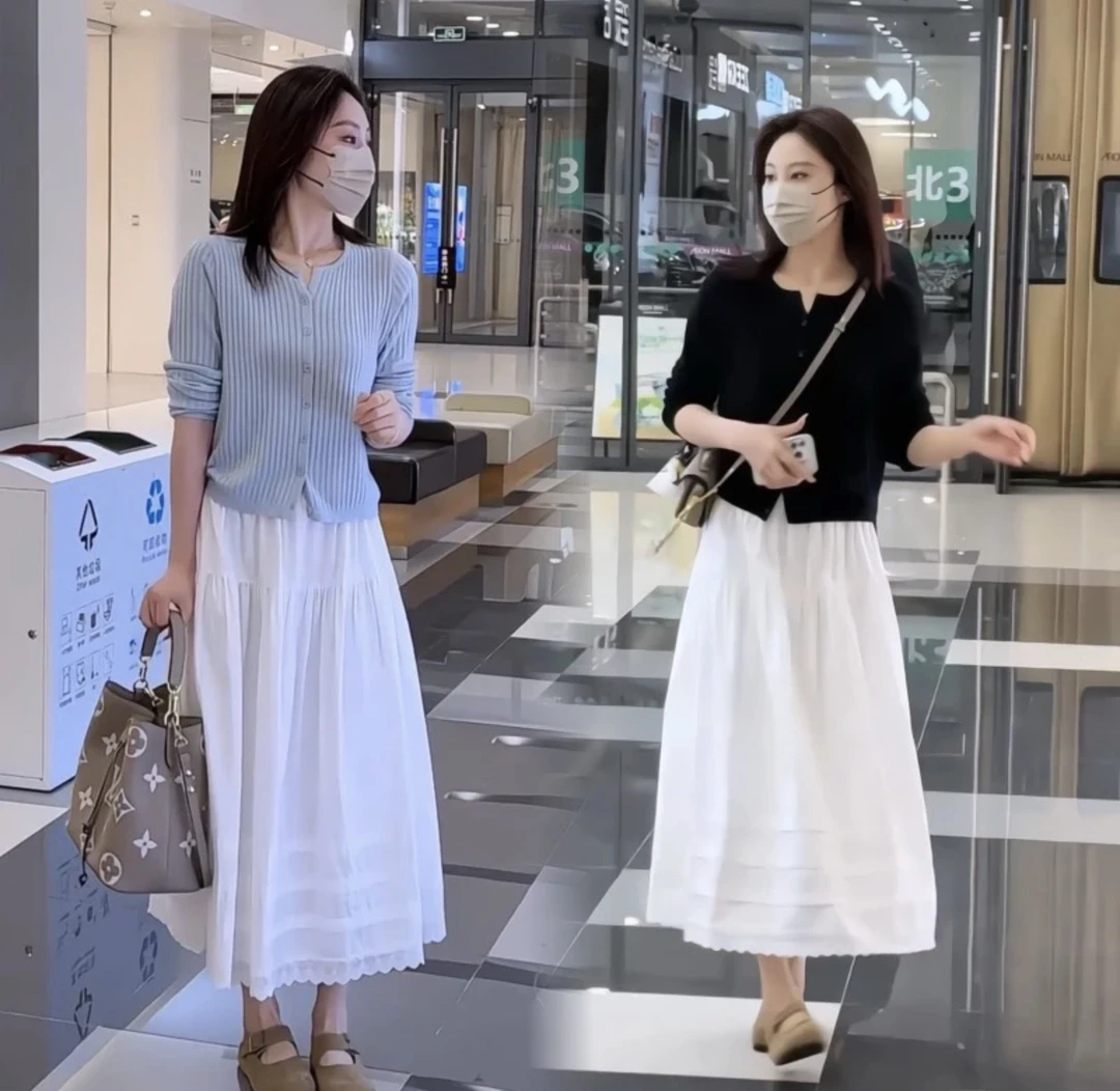 韩系V领长袖针织开衫+高腰蕾丝花边拼接半身裙大摆裙
