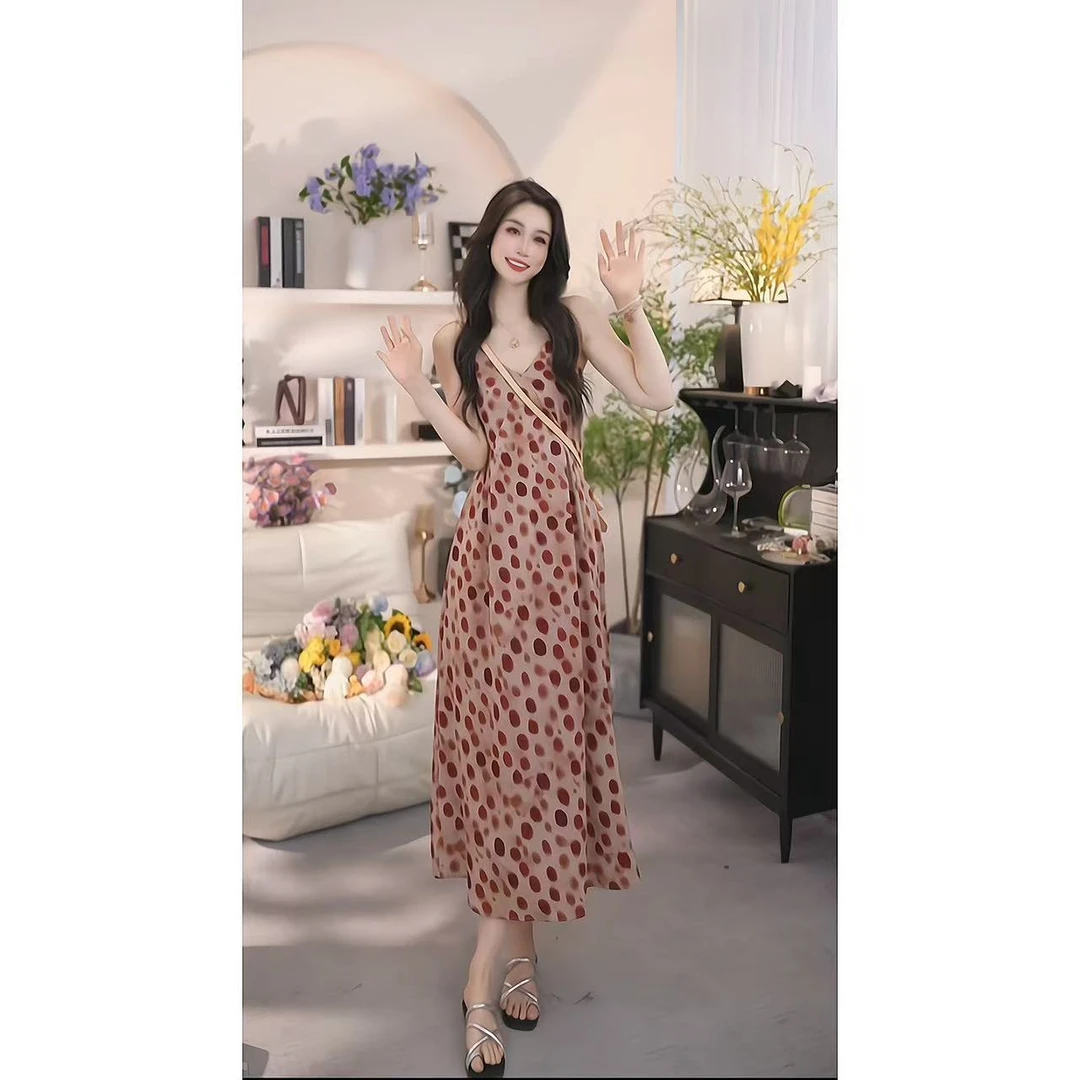 一一【有口袋】显白气质时尚无袖显瘦夏季吊带大波点长裙裙子1389