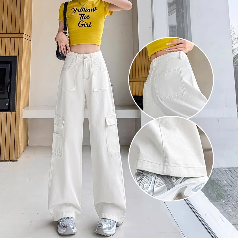 白色工装阔腿牛仔裤女春秋2025年新款高腰宽松休闲显瘦拖地裤子女
