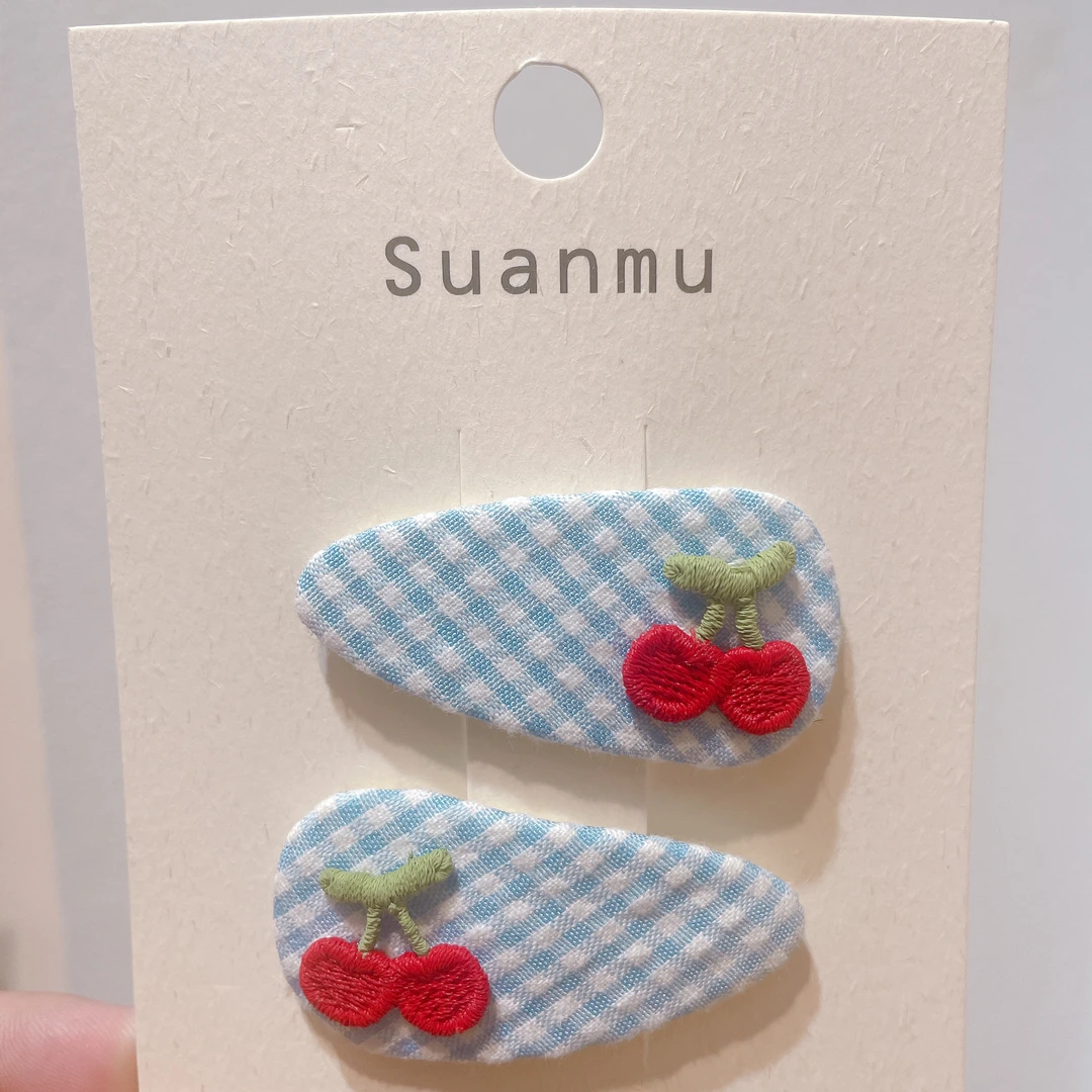 MM-4353【满9.9飞】刺绣樱桃蓝底掰掰夹一对装