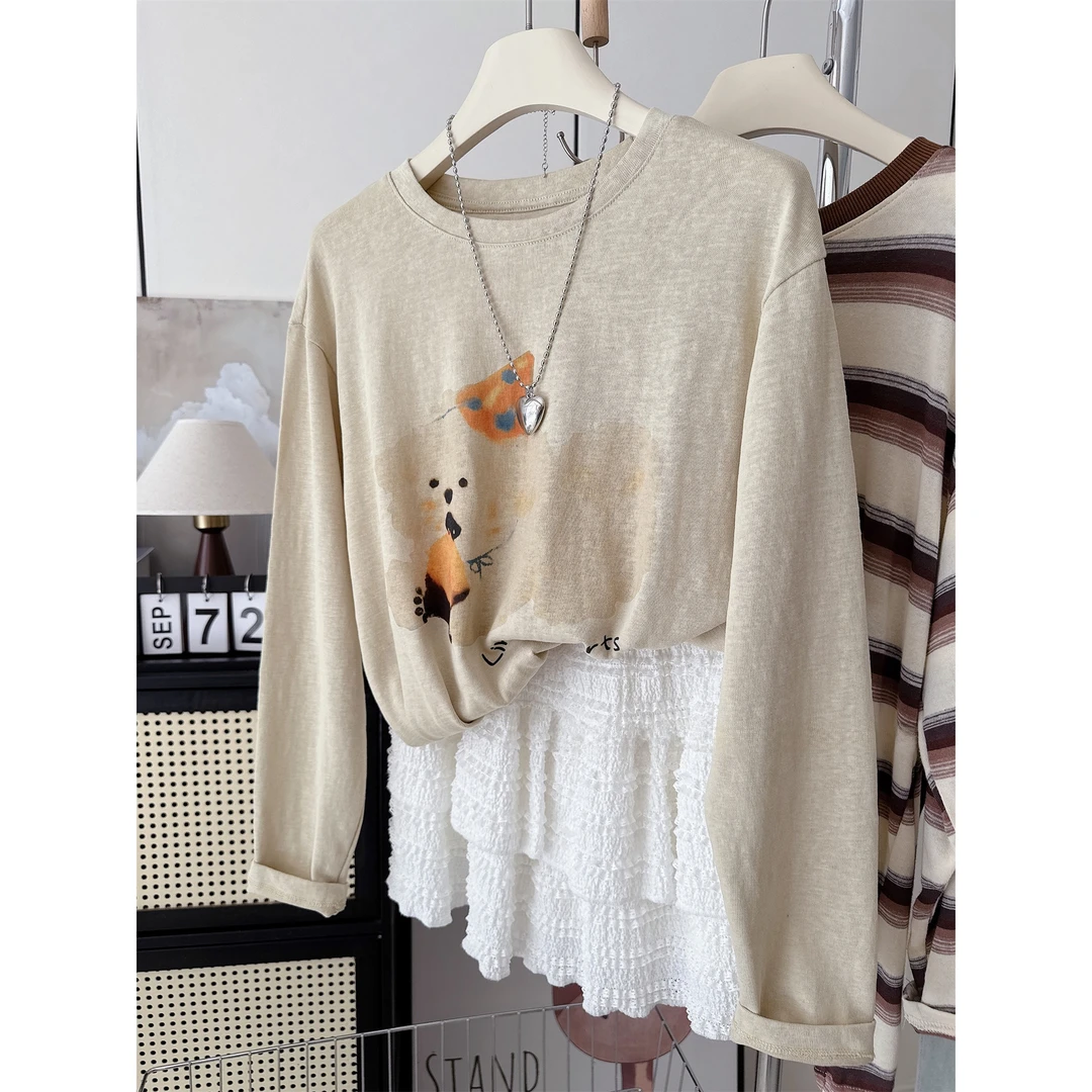 胖妹妹240斤大码垂感小狗印花长袖T恤女秋新款韩系打底衫内搭上衣