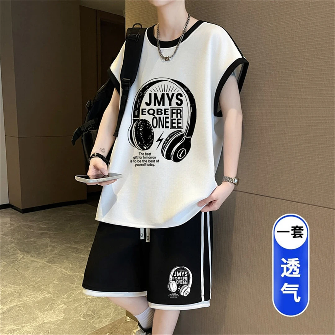 夏季港风背心男生潮流无袖t恤青少年帅气大童休闲运动篮球服套装