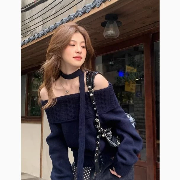 秋季韩系风格早秋女装慵懒感宽松长袖一字肩针织露肩毛衣上衣