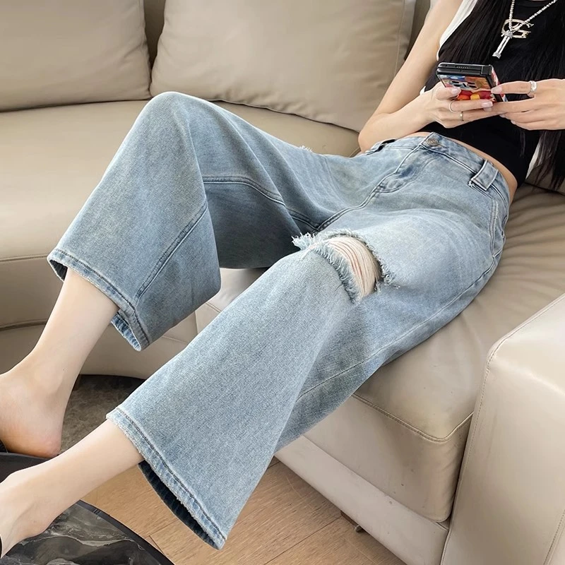 夏季薄款八分牛仔裤女2025新款高腰时尚气质宽松显瘦破洞阔腿裤子