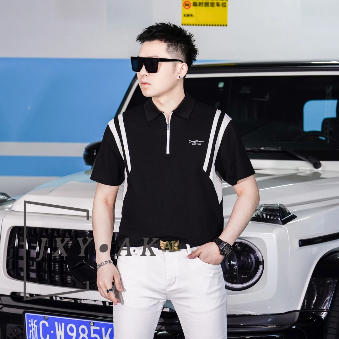 2025新款夏季短袖时尚休闲半拉链polo衫男款纯棉修身帅气翻领男