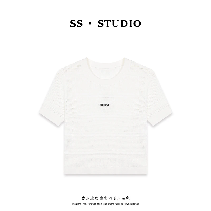 【SUSU】简约休闲百搭镂空圆领针织罩衫宽松短袖上衣SS-5401
