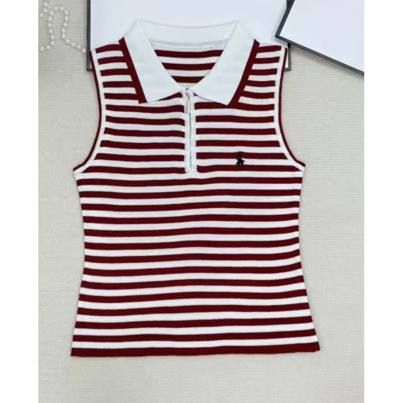 419 POLO款条纹毛针织衫修身针织衫无袖潮流小香风背心