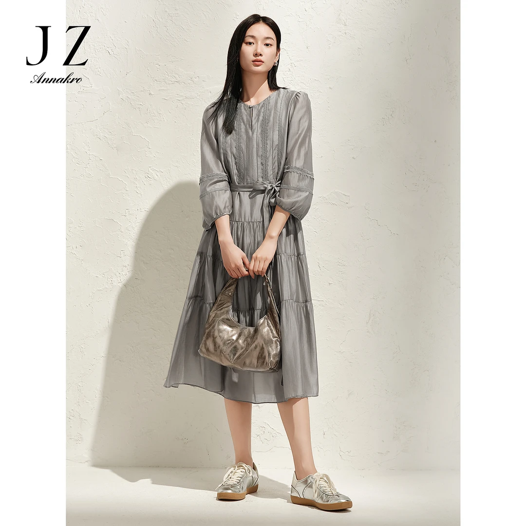 玖姿安娜蔻优雅文艺减龄收腰连衣裙蛋糕裙女2025春季新款