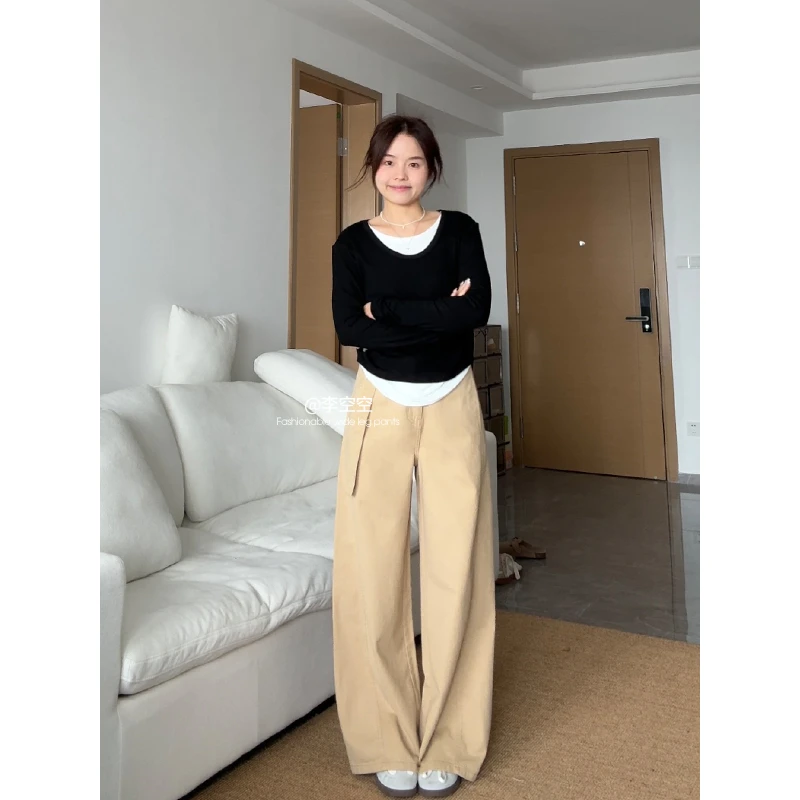 【比例优等生】卡其色直筒牛仔裤女春秋新款宽松慵懒阔腿裤休闲裤子