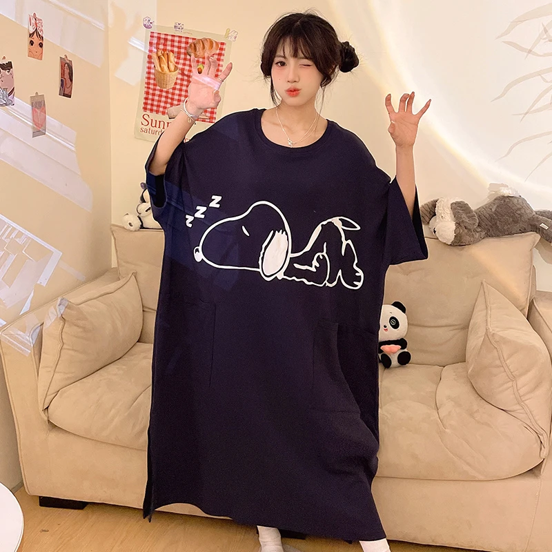 睡裙女夏季纯棉短袖卡通可爱特大码胖MM中长款可外穿孕妇睡衣