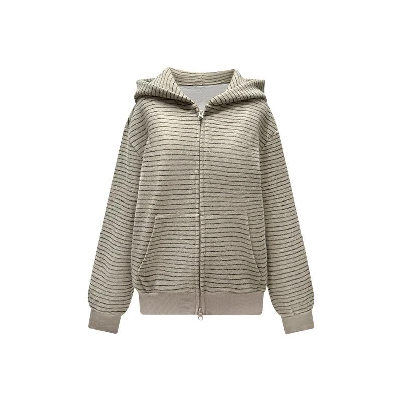 原野 连帽卫衣外套女春秋季2025新款韩系慵懒拉链条纹开衫上衣