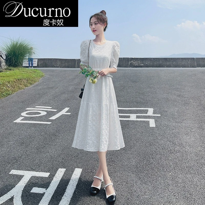 2025夏季新款裙子小个子收腰显瘦白色夏季薄款女士连衣裙中长款裙