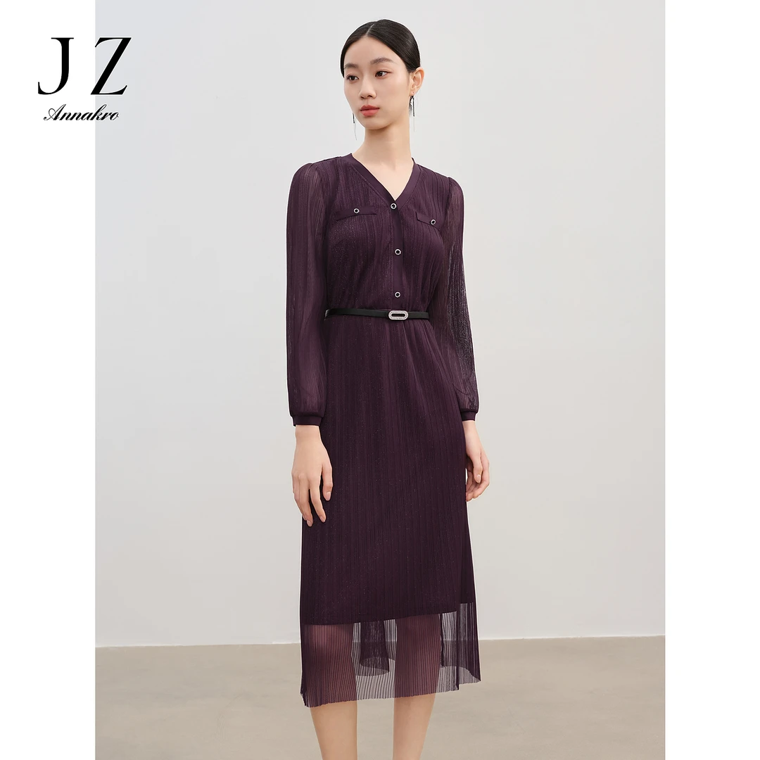 【薄荷曼波】玖姿安娜蔻飘逸细闪压褶连衣裙女24春JTEC50069