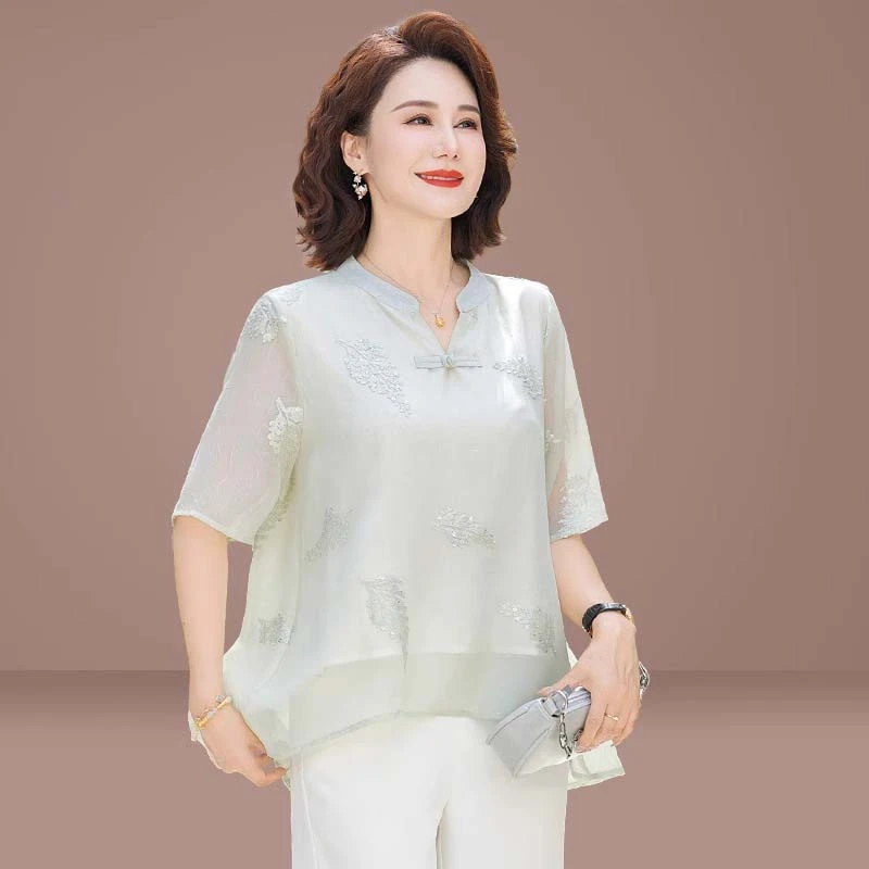 新中式母亲节夏装套装国风小衫2025新款中老年人夏季短袖雪纺上衣