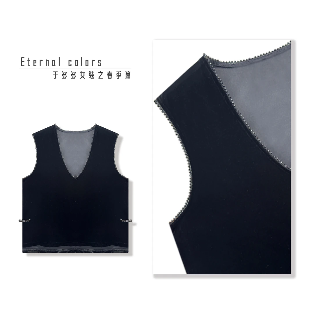 多多推荐--25年新款V领丝绒串珠马夹遮肉显瘦黑色丝绒宽松版V领版