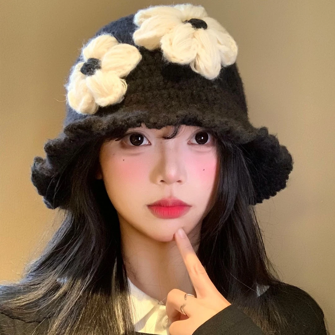 韩版爆款渔夫帽子女冬季立体花朵毛绒新款网红气质百搭保暖水桶帽