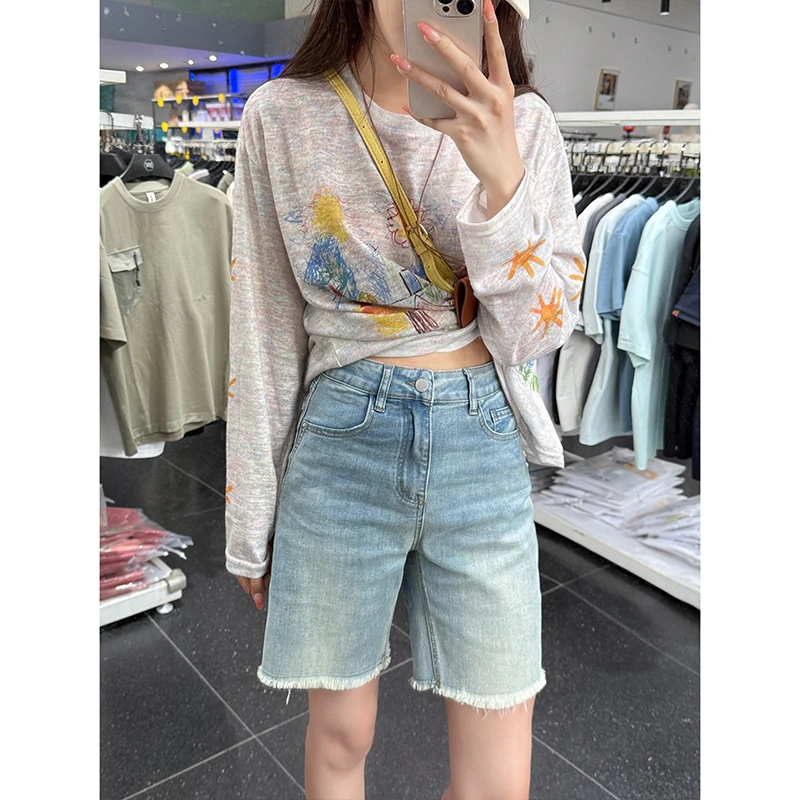 经典蓝色弹力直筒毛边牛仔五分裤女2025秋季新款高腰宽松显瘦短裤