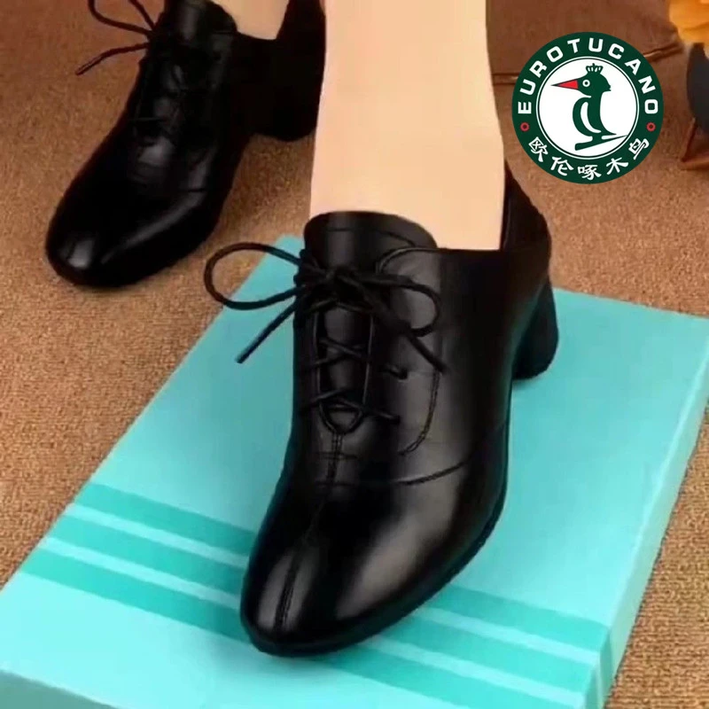 欧伦啄木鸟粗跟单鞋女夏季款时尚百搭软底软面中跟系带皮鞋女鞋子