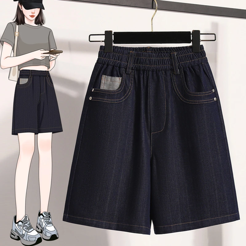 拉夏贝尔宽松韩版大码休闲裤女夏季2025新款松紧腰五分牛仔短裤子