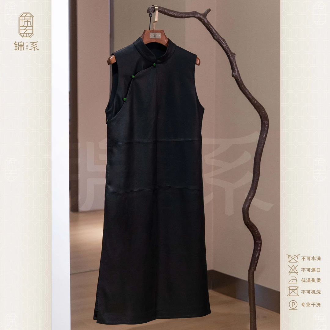 【锦系】新西兰进口小羊皮(磨砂皮)新中式立领无袖连衣裙L-383266