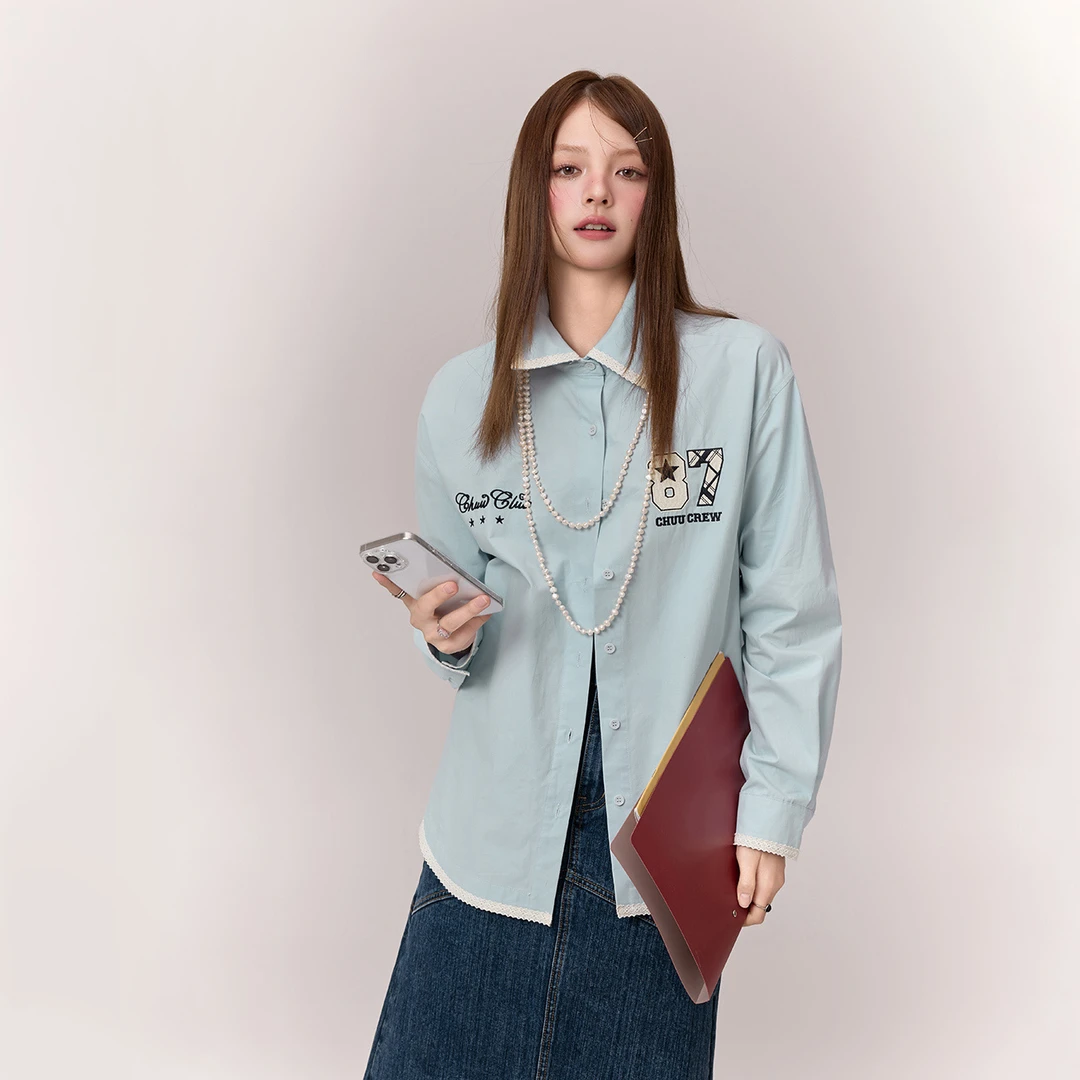 CHUU冬季女装字母星星刺绣设计撞色蕾丝边百搭长袖宽松衬衫