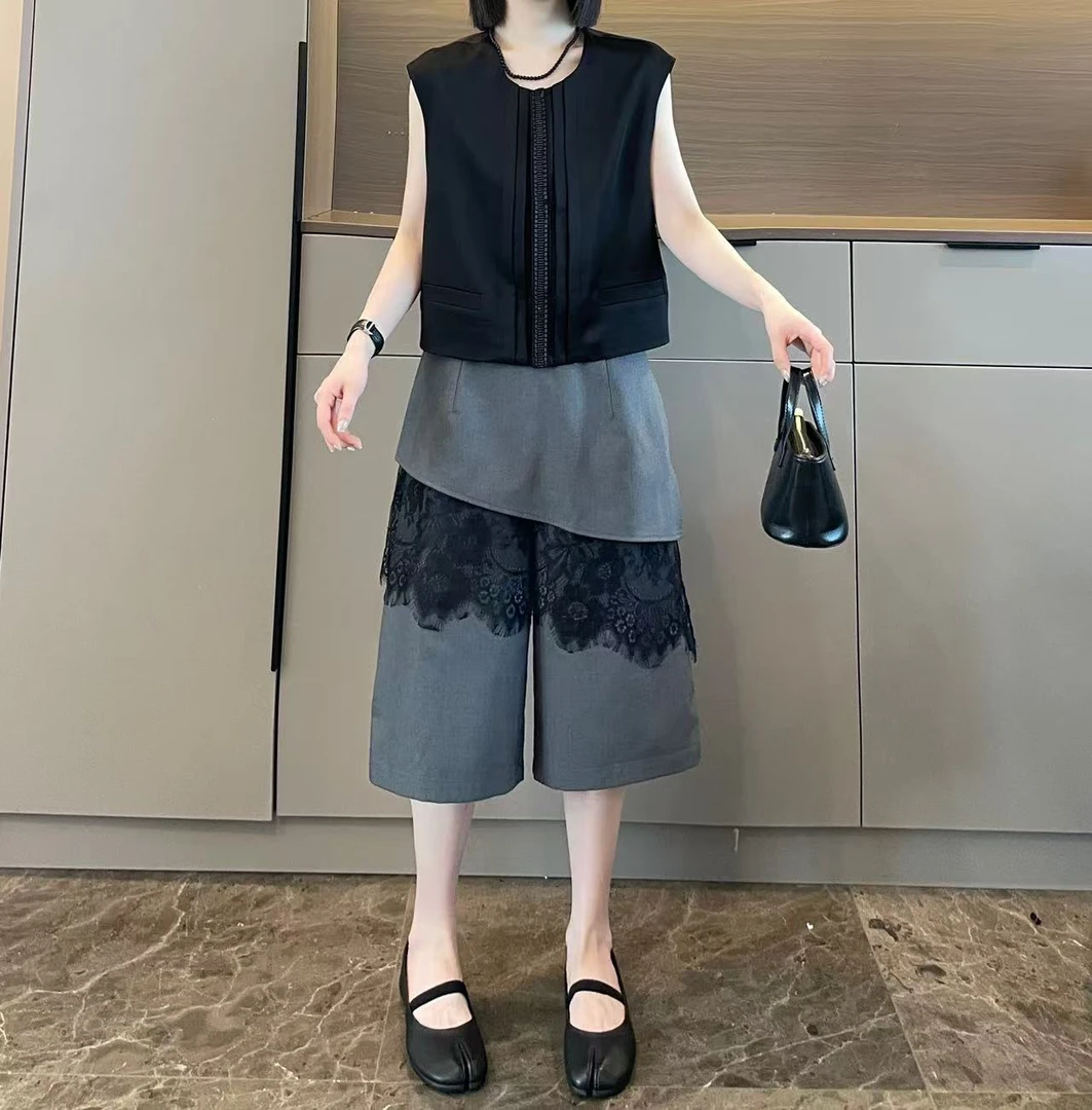 米可/MK-2528LJ【钉珠马甲+屁帘西装裤套装】时尚夏季新款两件套