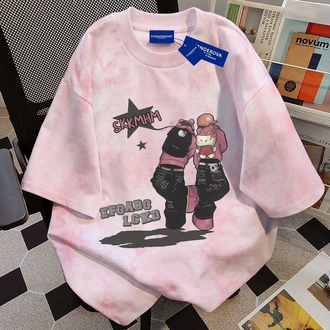 100%纯棉2025爆款扎染短袖t恤男女夏季休闲宽松潮流圆领情侣上衣