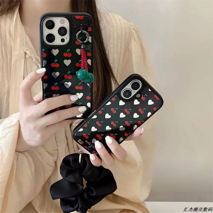 ins少女心镜面爱心樱桃适用iPhone16pro手机壳15promax挂件手提14