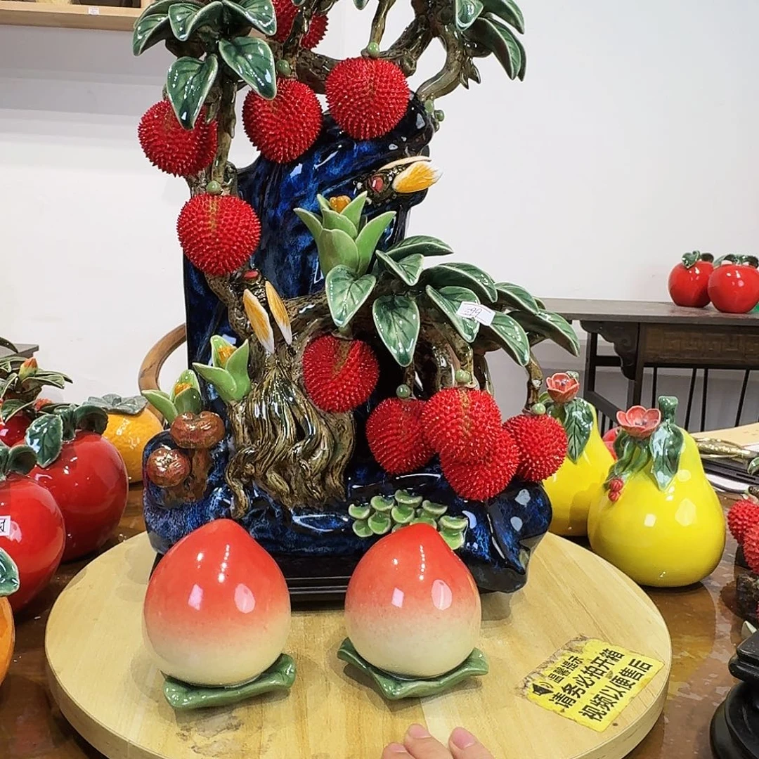 陶瓷十果彩蝉摆件荔枝寿桃2