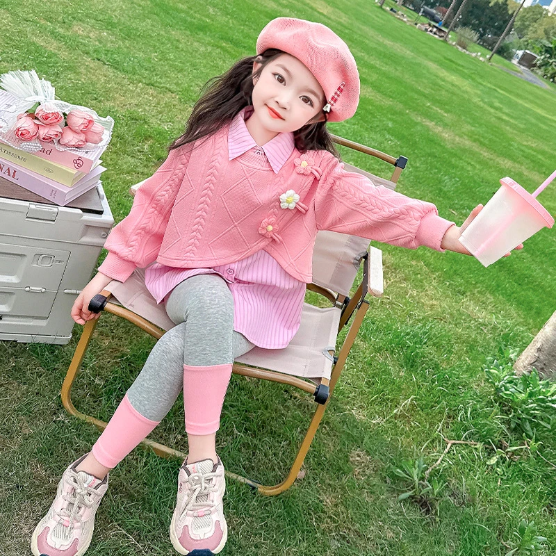 女童花朵套装洋气儿童春秋装新款女宝宝休闲衬衫两件套女孩打底裤