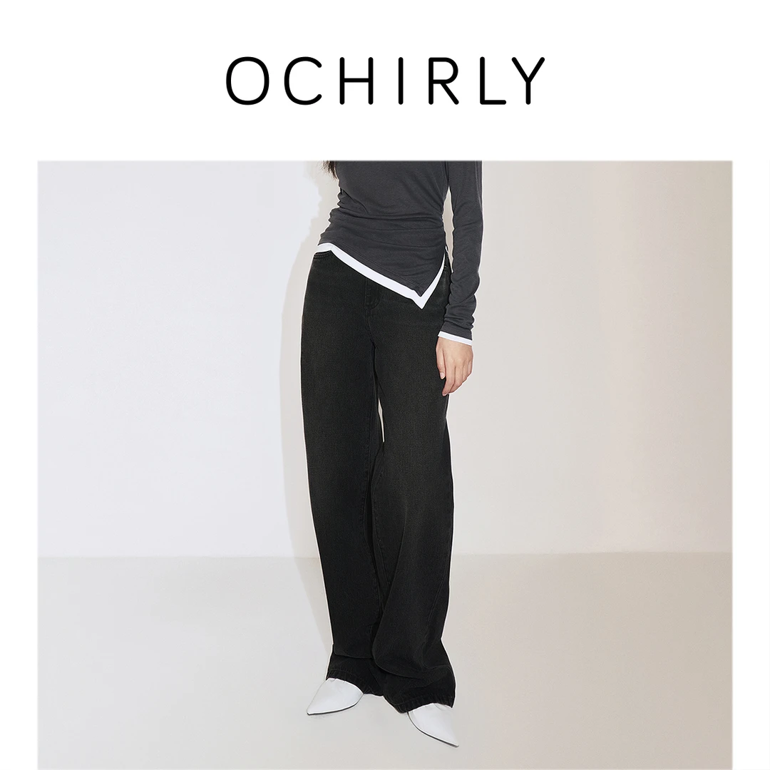 ochirly欧时力 阔腿牛仔长裤女秋装新款黑色显瘦尤莱特松弛感
