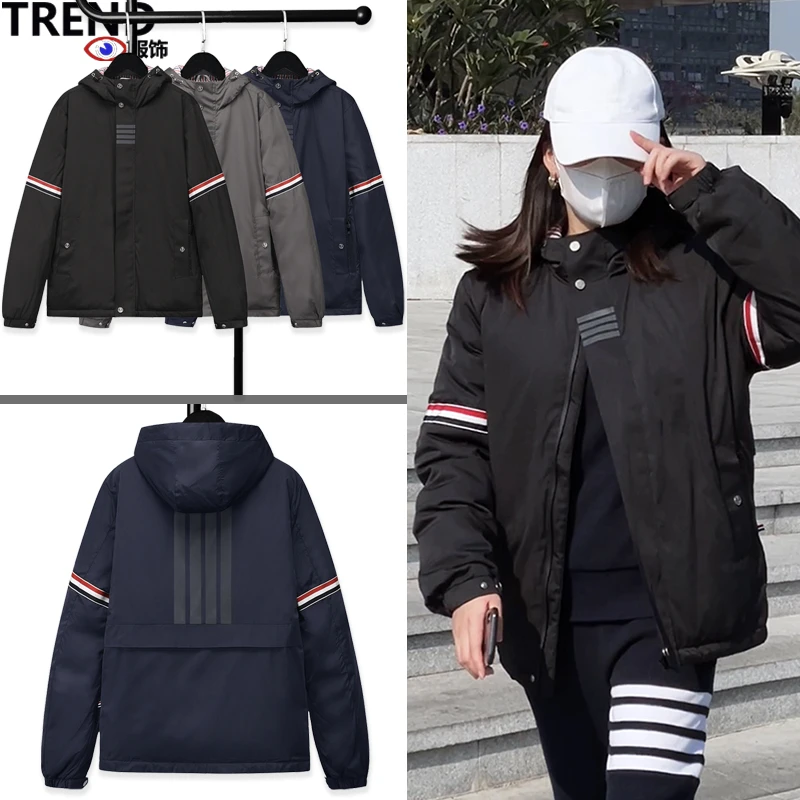 反光条连帽羽绒服冲锋衣面料双袖臂环休闲保暖冬季潮流外套运动风