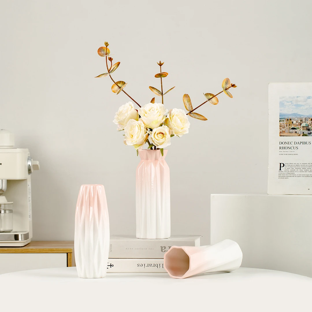 蜀门渐变粉色陶瓷花瓶高级感客厅插花摆件小众设计感仿真花套餐