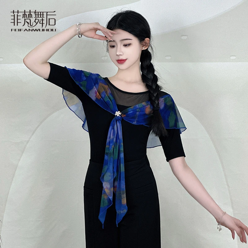 菲梵舞后新款古典舞练功服装现代舞荷叶边练习上衣女飘逸多种穿法