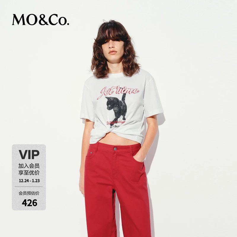 MOCO短袖T恤2025夏新品斑驳猫咪印花圆领白色宽松棉质MBE2TEE046