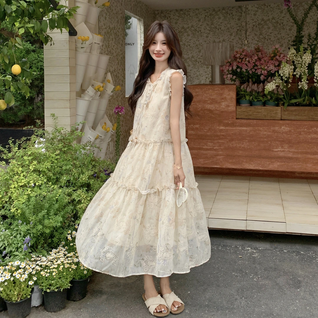 法式复古气质无袖连衣裙女2025夏季新款收腰显瘦高级感小众长裙子