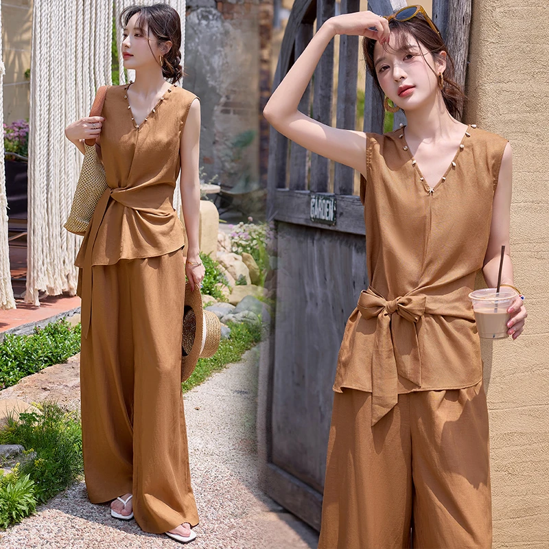 复古休闲无袖套装女2025夏季新款设计感收腰显瘦薄款阔腿裤两件套