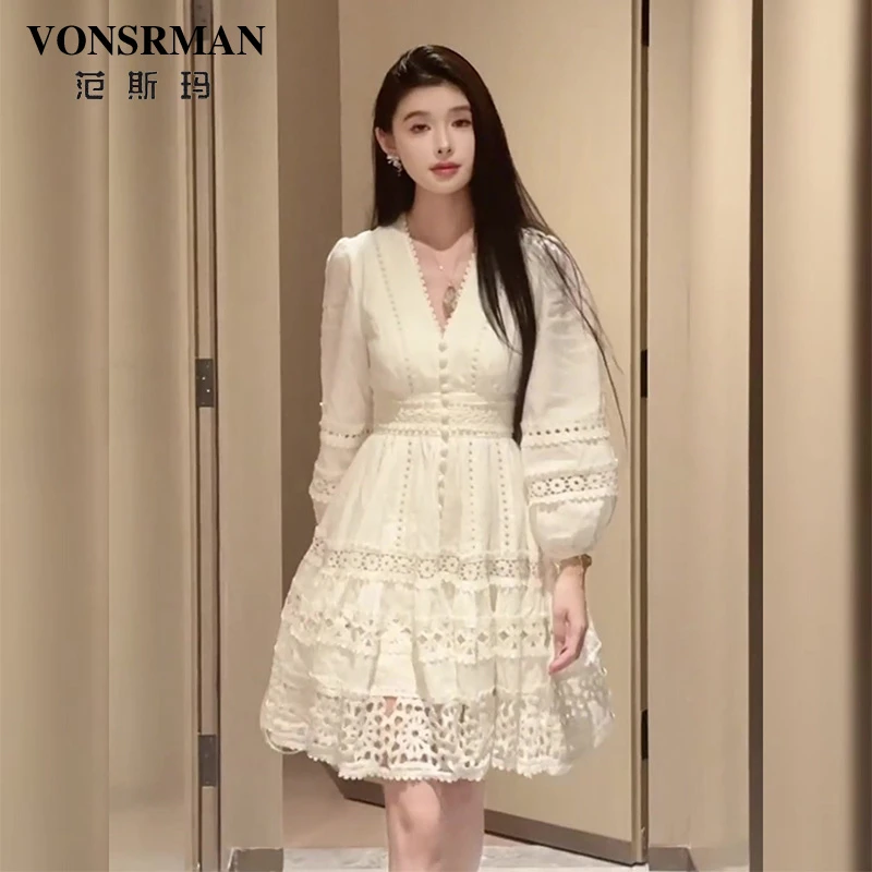 白色灯笼袖V领连衣裙女2025夏新款大码花边高腰复古收腰显瘦 短裙