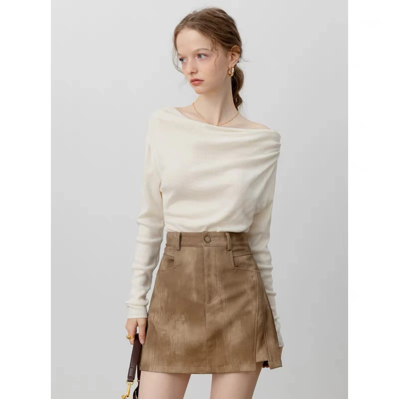 法式韩系一字肩收腰【针织衫】春季新款慵懒温柔气质长袖上衣女