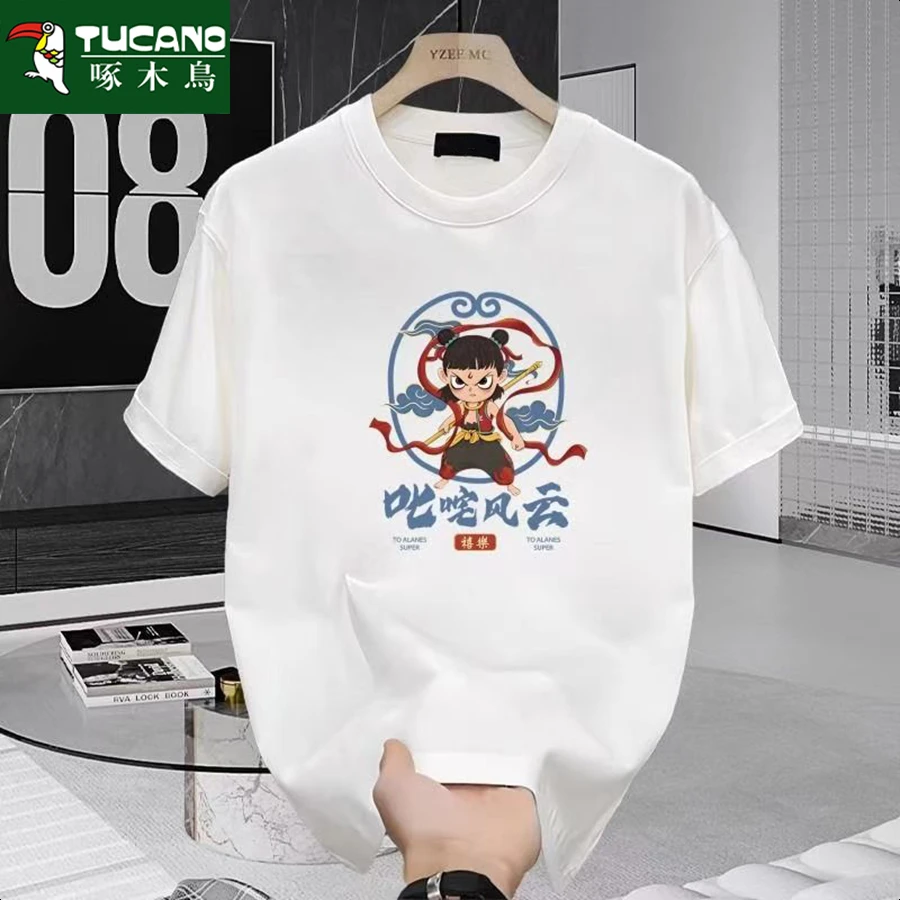 啄木鸟纯棉重磅男士T恤潮牌夏季圆领短袖新款纯棉宽松百搭上衣潮