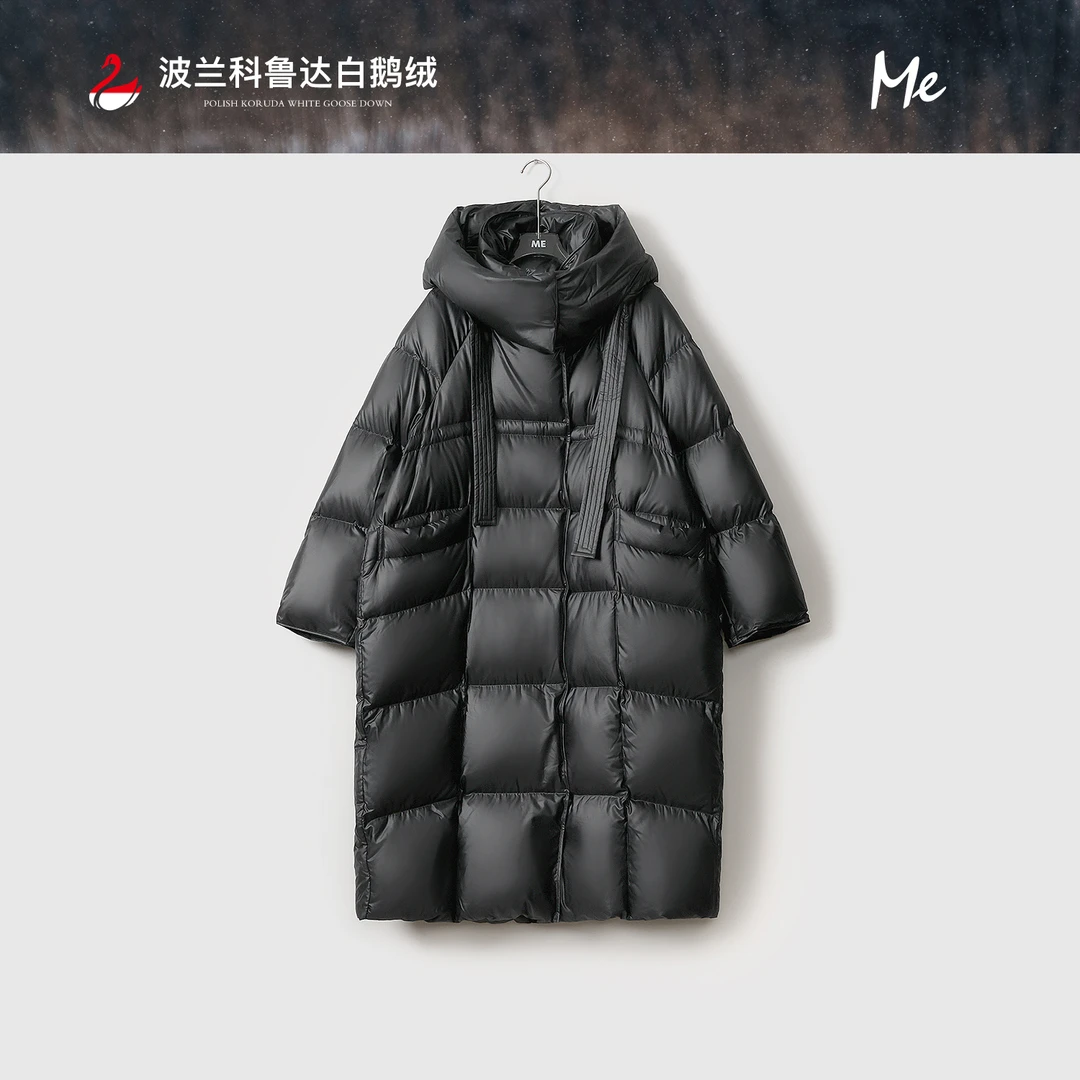 ME【波兰进口科鲁达黑钻飘带过膝系列】白鹅绒中长款羽绒服MEQA4022